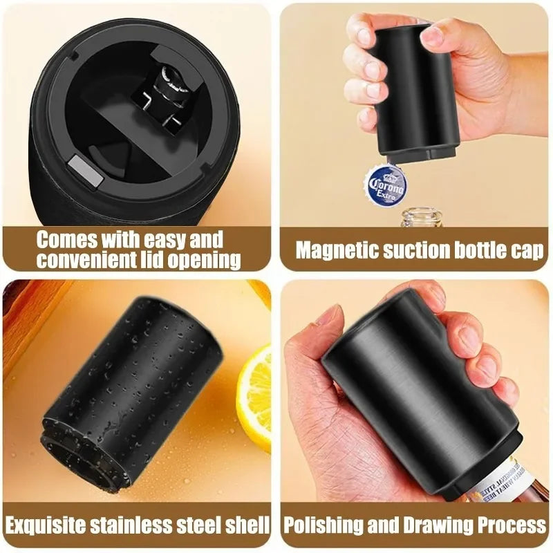 Stainless Steel Automatic Bottle Opener Set Magnetic Cap Keeper Spring Loaded One Handed Kitchen Gadget Gift for Beer Lovers