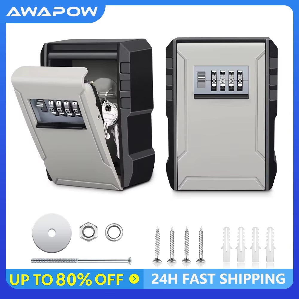 Awapow Metal Password Key Box Wall Mounted 4 Digits Password Storage Box Durable Waterproof anti Theft Safe Keybox Organizer