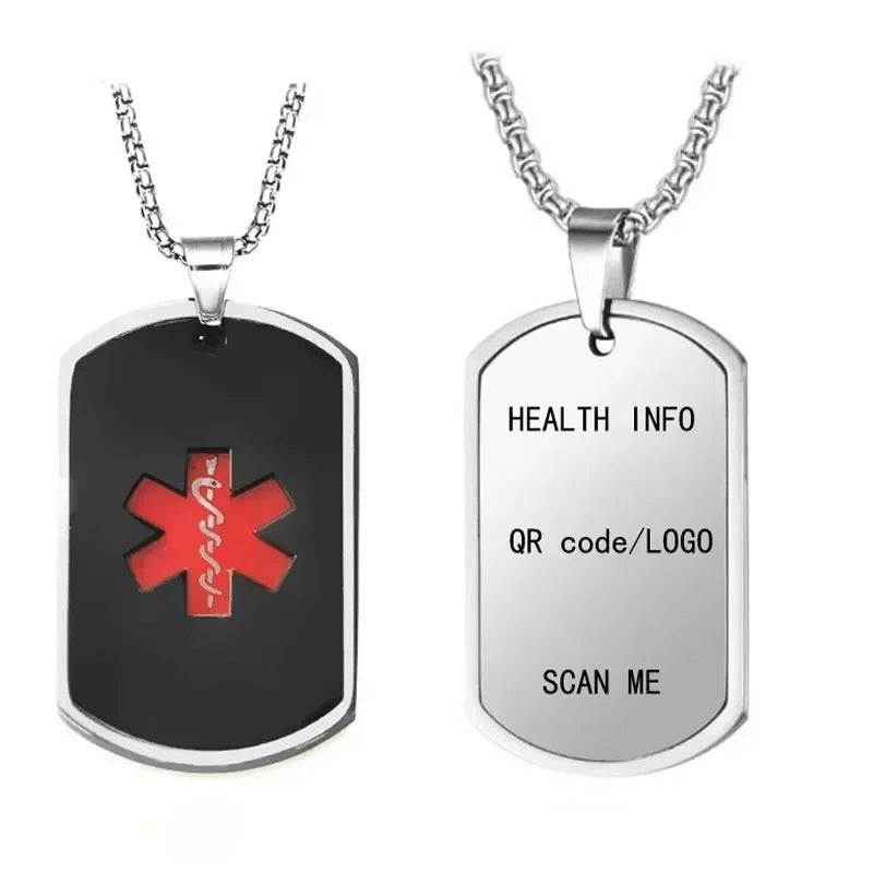 Stainless Steel Medical Alarm ID Necklace Free Carved QR Code Men'S and Women'S Identity Tags Emergency Rescue Pendant Jewelry