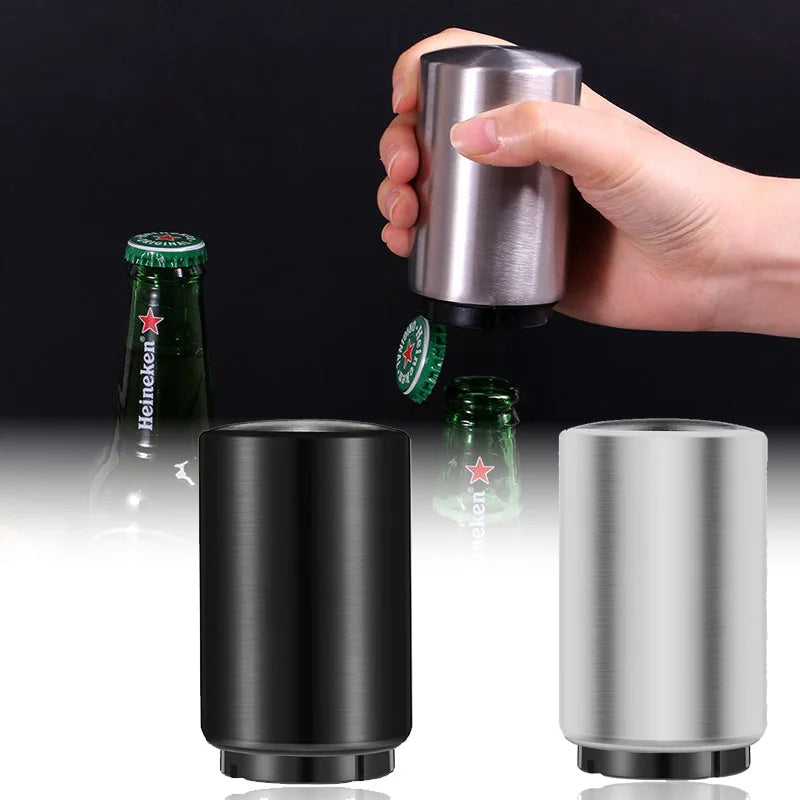 Stainless Steel Automatic Bottle Opener Set Magnetic Cap Keeper Spring Loaded One Handed Kitchen Gadget Gift for Beer Lovers