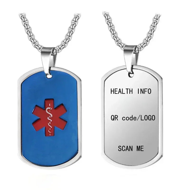 Stainless Steel Medical Alarm ID Necklace Free Carved QR Code Men'S and Women'S Identity Tags Emergency Rescue Pendant Jewelry