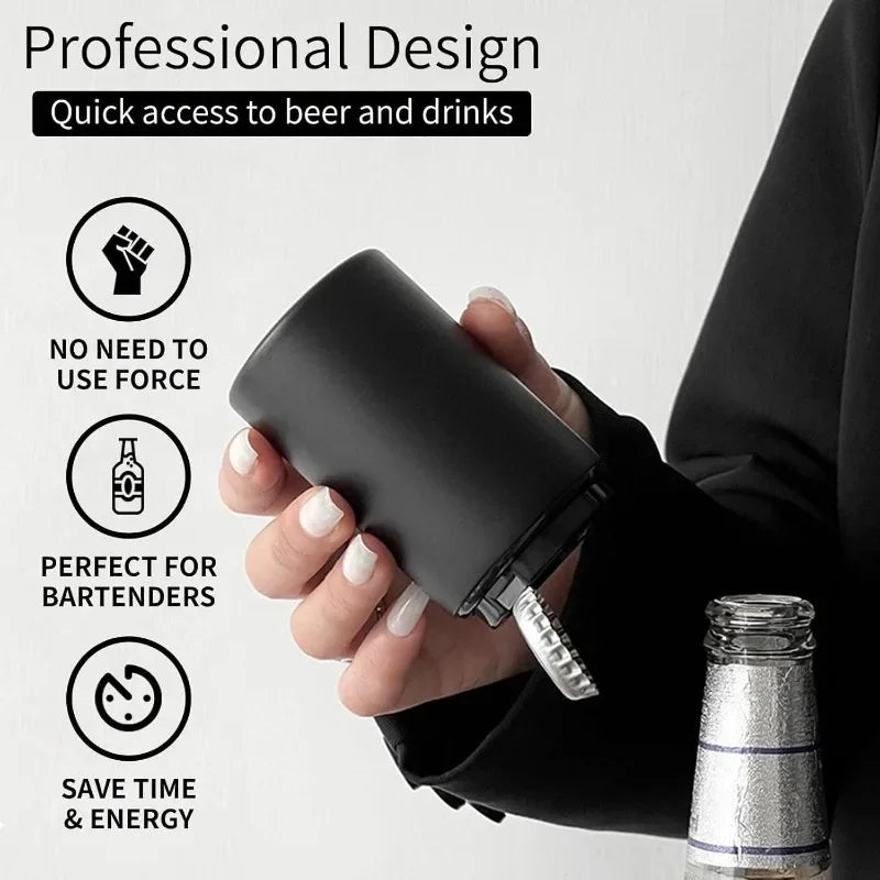 Stainless Steel Automatic Bottle Opener Set Magnetic Cap Keeper Spring Loaded One Handed Kitchen Gadget Gift for Beer Lovers