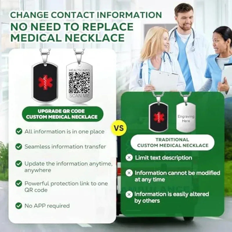 Stainless Steel Medical Alarm ID Necklace Free Carved QR Code Men'S and Women'S Identity Tags Emergency Rescue Pendant Jewelry