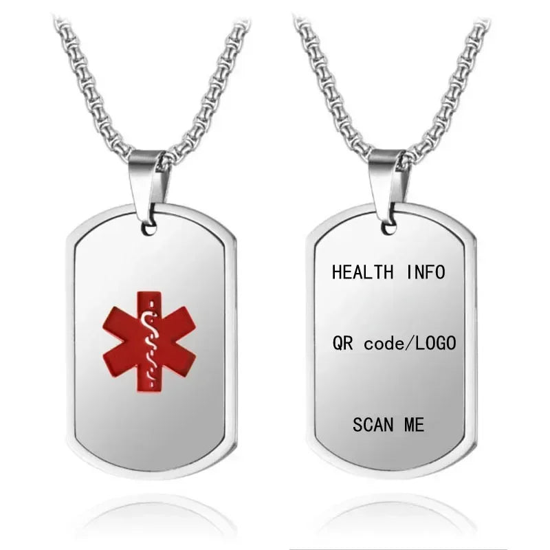 Stainless Steel Medical Alarm ID Necklace Free Carved QR Code Men'S and Women'S Identity Tags Emergency Rescue Pendant Jewelry