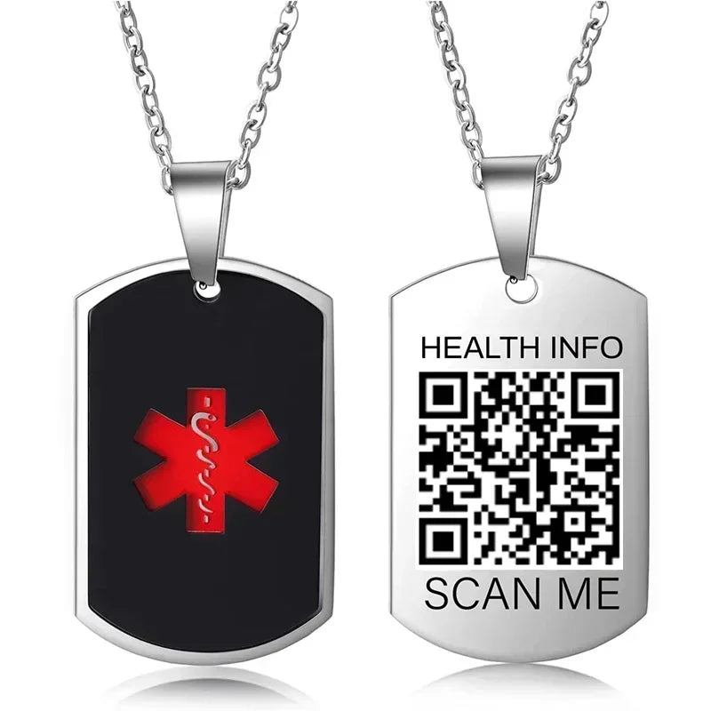 Stainless Steel Medical Alarm ID Necklace Free Carved QR Code Men'S and Women'S Identity Tags Emergency Rescue Pendant Jewelry