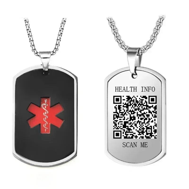 Stainless Steel Medical Alarm ID Necklace Free Carved QR Code Men'S and Women'S Identity Tags Emergency Rescue Pendant Jewelry