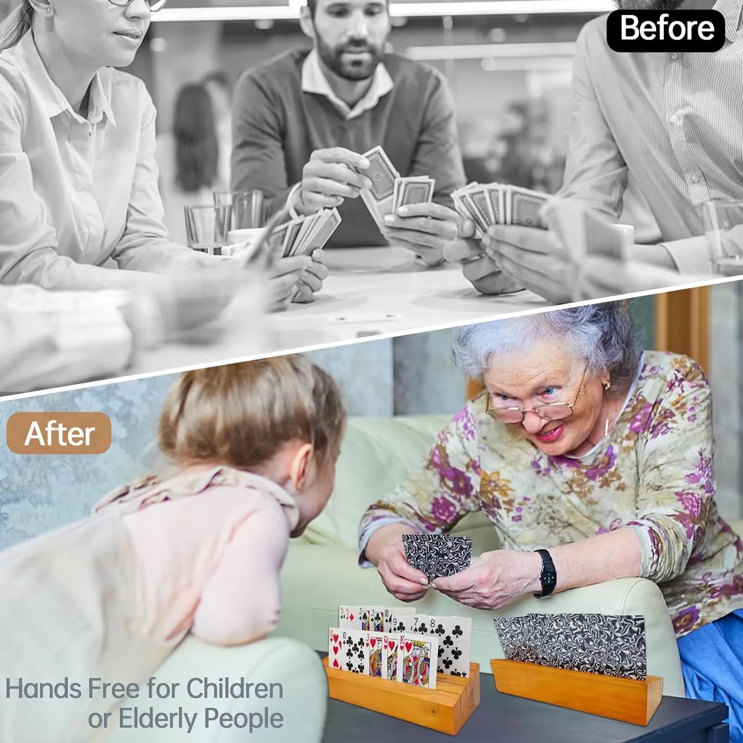 Playing Card Holder for Kids or Elder Hands-Free Wood Holder Racks Tray for Organizing Cards on Game Bridge Card Holders