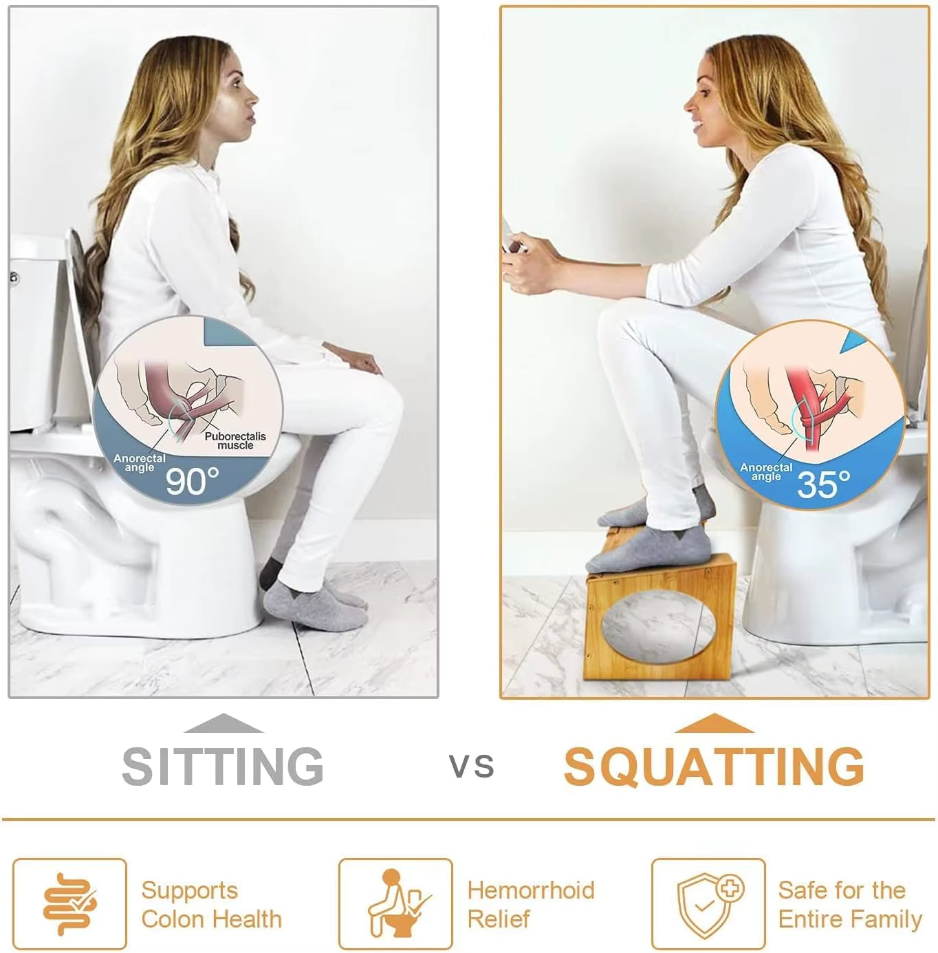 No Installation Not-Slip Bathroom Toilet Stool Upgrade Bamboo Squatting Toilet Stool for Adults Children