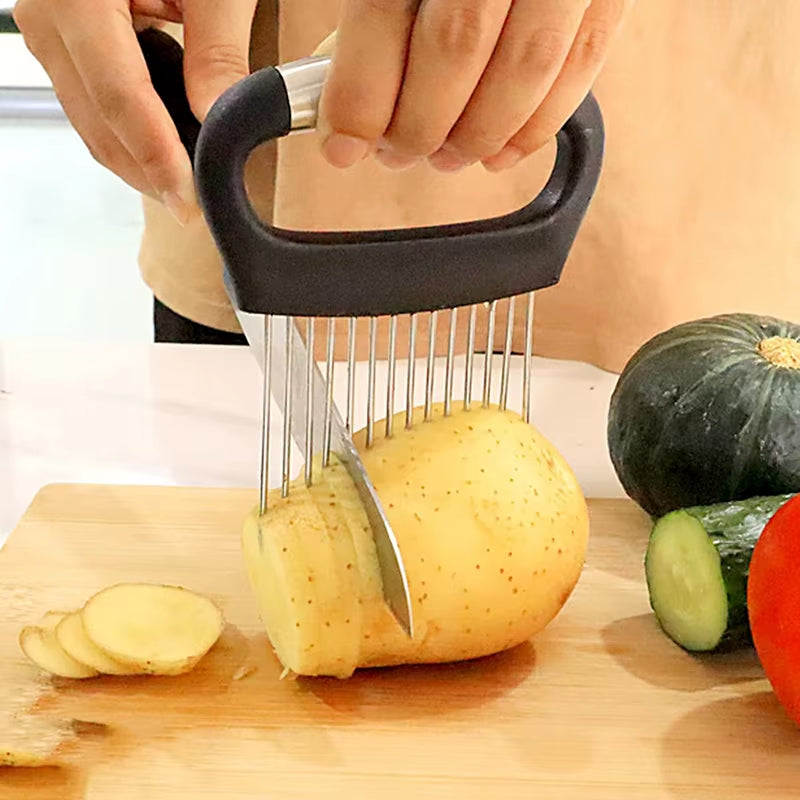 Stainless Steel Onion Cutter Holder Vegetables Fruit Slicer Tomato Potato Onion Chopper Vegetables Cutting Fork Kitchen Gadgets