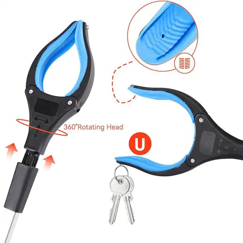 Foldable Garbage Clip Extension Clamp 32 Inch Extra Long Foldable Pick up Stick with Grip Magnetic 360°Rotating Anti-Slip Jaw