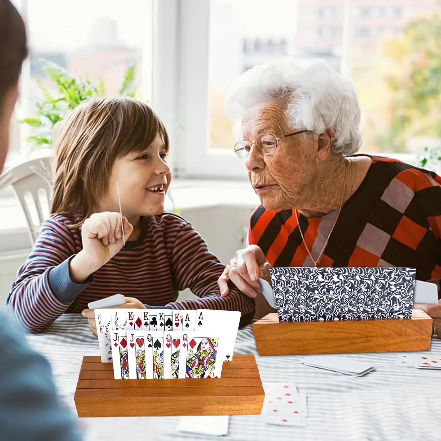 Playing Card Holder for Kids or Elder Hands-Free Wood Holder Racks Tray for Organizing Cards on Game Bridge Card Holders