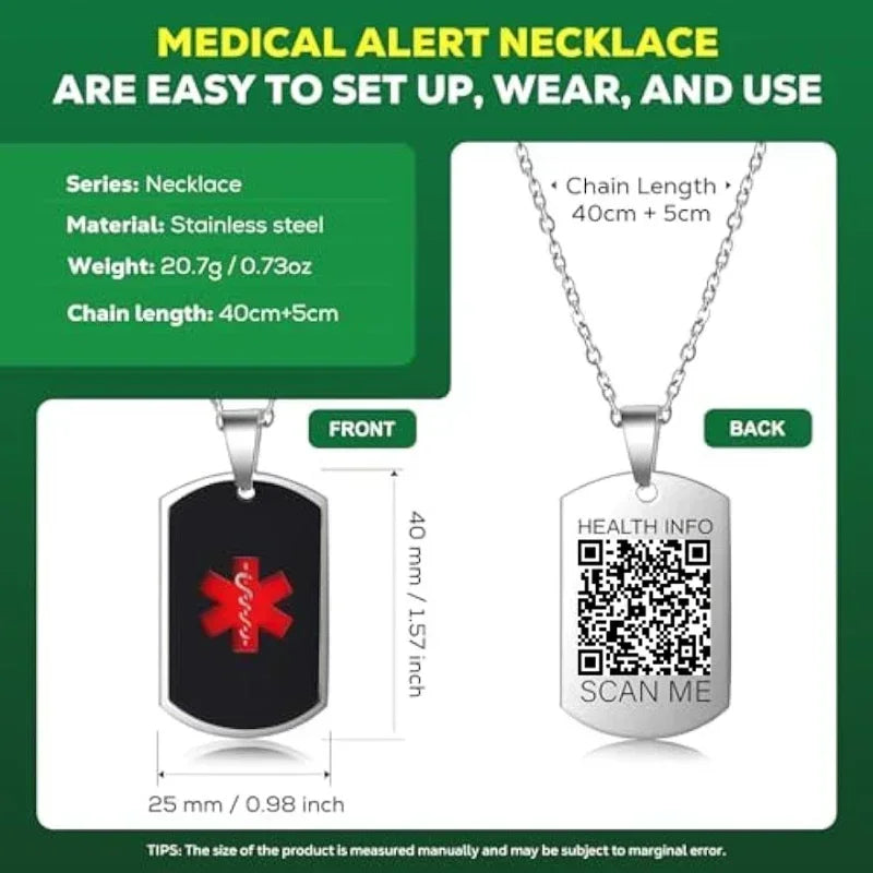 Stainless Steel Medical Alarm ID Necklace Free Carved QR Code Men'S and Women'S Identity Tags Emergency Rescue Pendant Jewelry