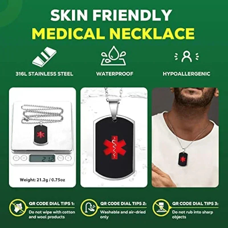 Stainless Steel Medical Alarm ID Necklace Free Carved QR Code Men'S and Women'S Identity Tags Emergency Rescue Pendant Jewelry