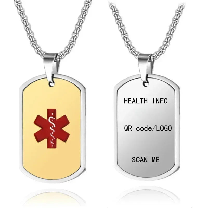 Stainless Steel Medical Alarm ID Necklace Free Carved QR Code Men'S and Women'S Identity Tags Emergency Rescue Pendant Jewelry